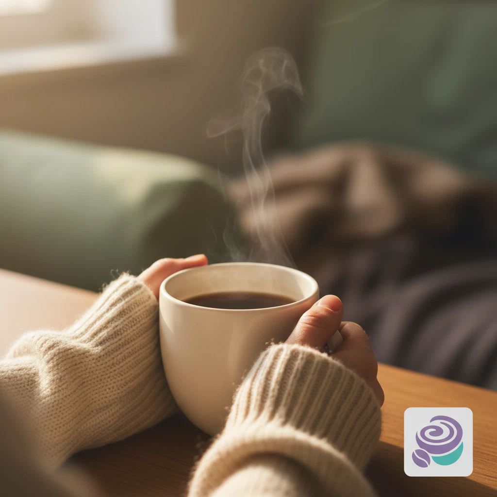 Hände halten einen warmen Keramikkaffeebecher, gemütliche Morgenatmosphäre